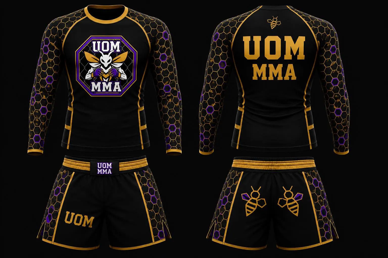 The UoM MMA kit: a black rashguard and fight shorts with gold honeycomb panels and the crest on the chest